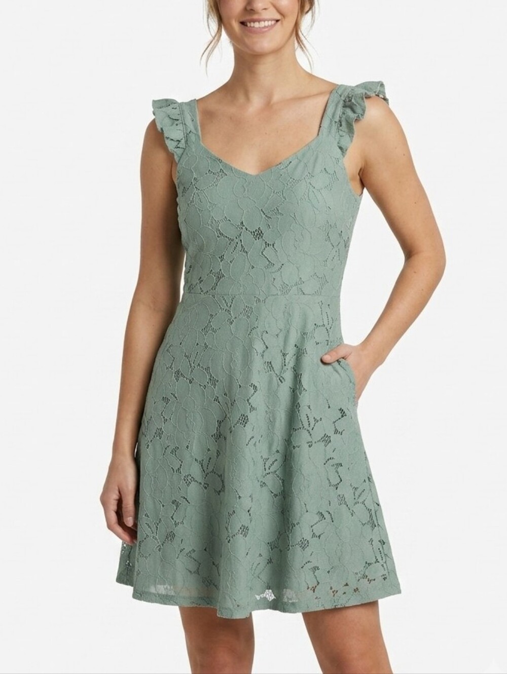 Monteau Los Angeles Sage Green Floral Lace Ruffle Sleeve Mini Dress Medium